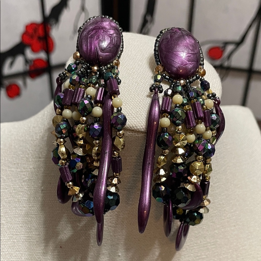 Handmade Purple Beaded Cascade Statement Earrings